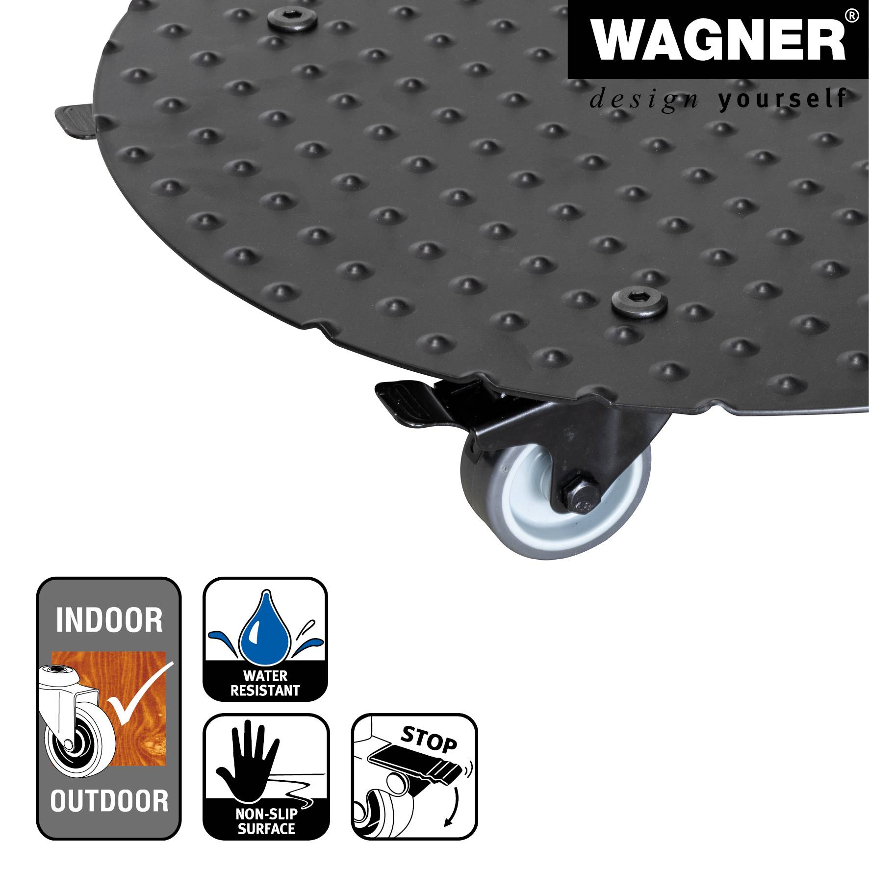 WAGNER Pflanzenroller ALASKA BLACK Ø 38 x 7,5 cm, Alu Riffelblech, Softrollen&Bremsen, max 150 kg, DE Ware - 20700601-3