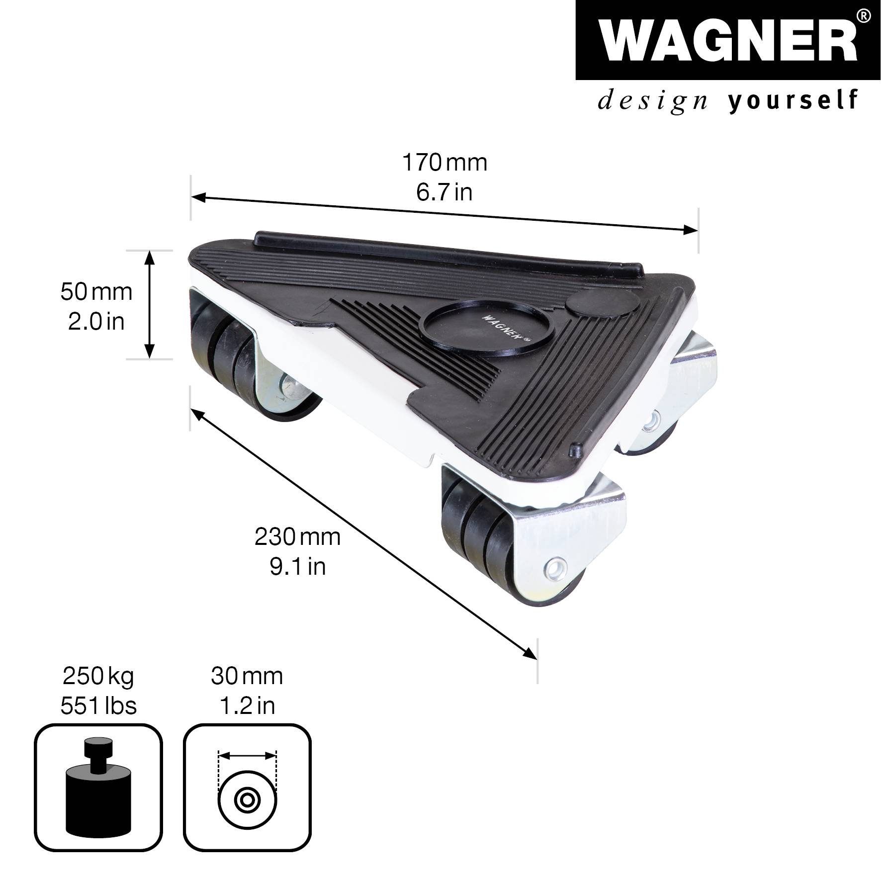 WAGNER Transporthilfe DELTA 4-tlg - 17 x 23 x 17 x 5 cm, Stahl/Kunststoff, 3x3 Rollen Ø 30 mm Tragkraft 450 kg- 20119104-1
