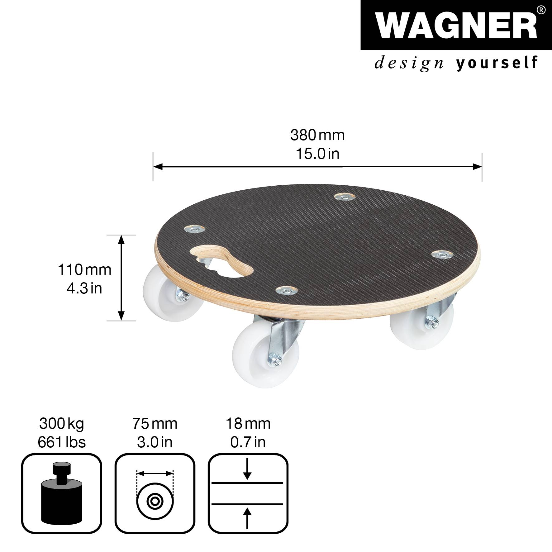 WAGNER Transporthilfe Multiplex MAXIGRIP 18 mm - Ø 38 x 11 cm, Rollen Ø 75 mm, Tragkraft 300 kg - 20110801-1