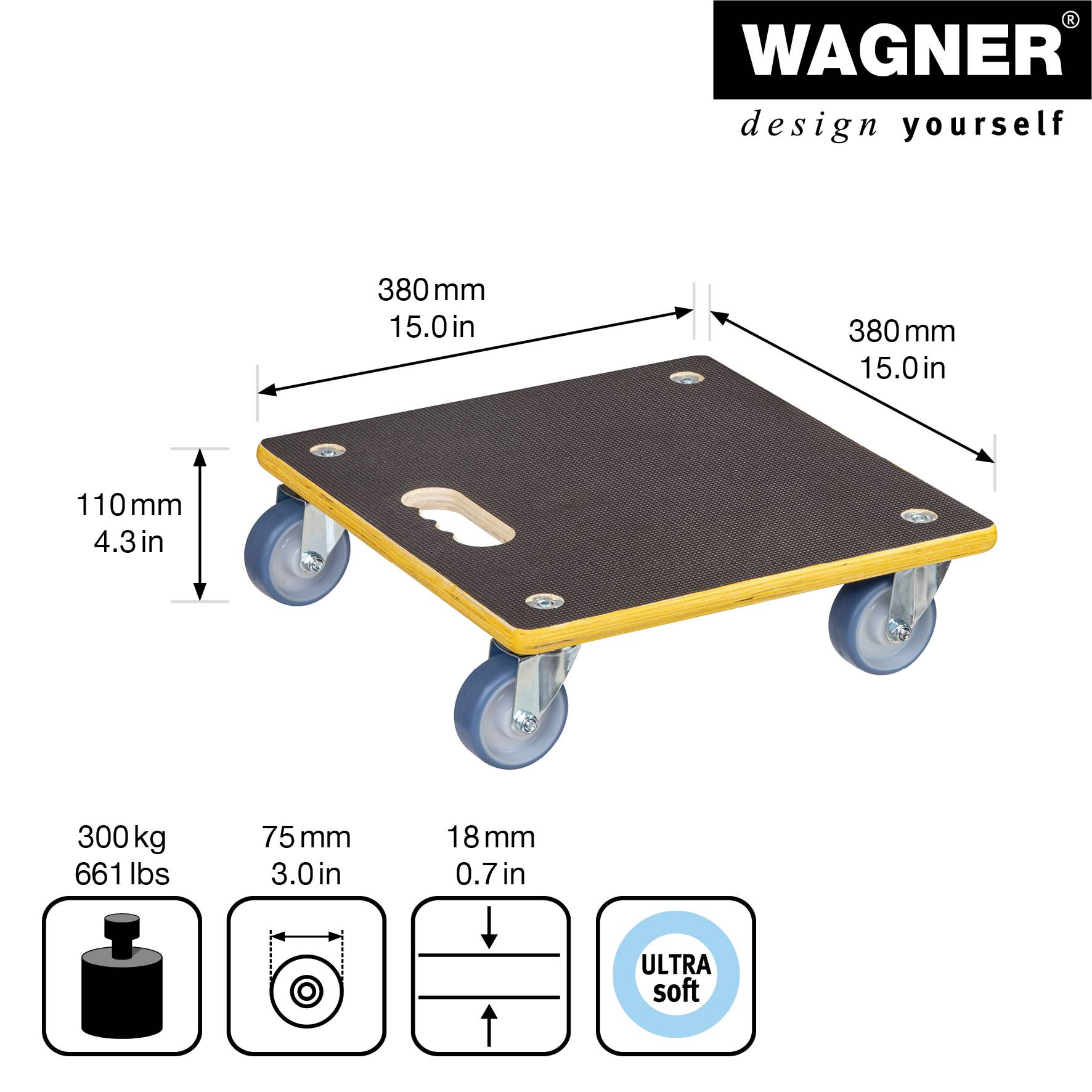 WAGNER Transporthilfe Multiplex MAXIGRIP - 38 x 38 x 11 cm, softe Rollen Ø 75 mm, Tragkraft 300 kg - 20134001-1