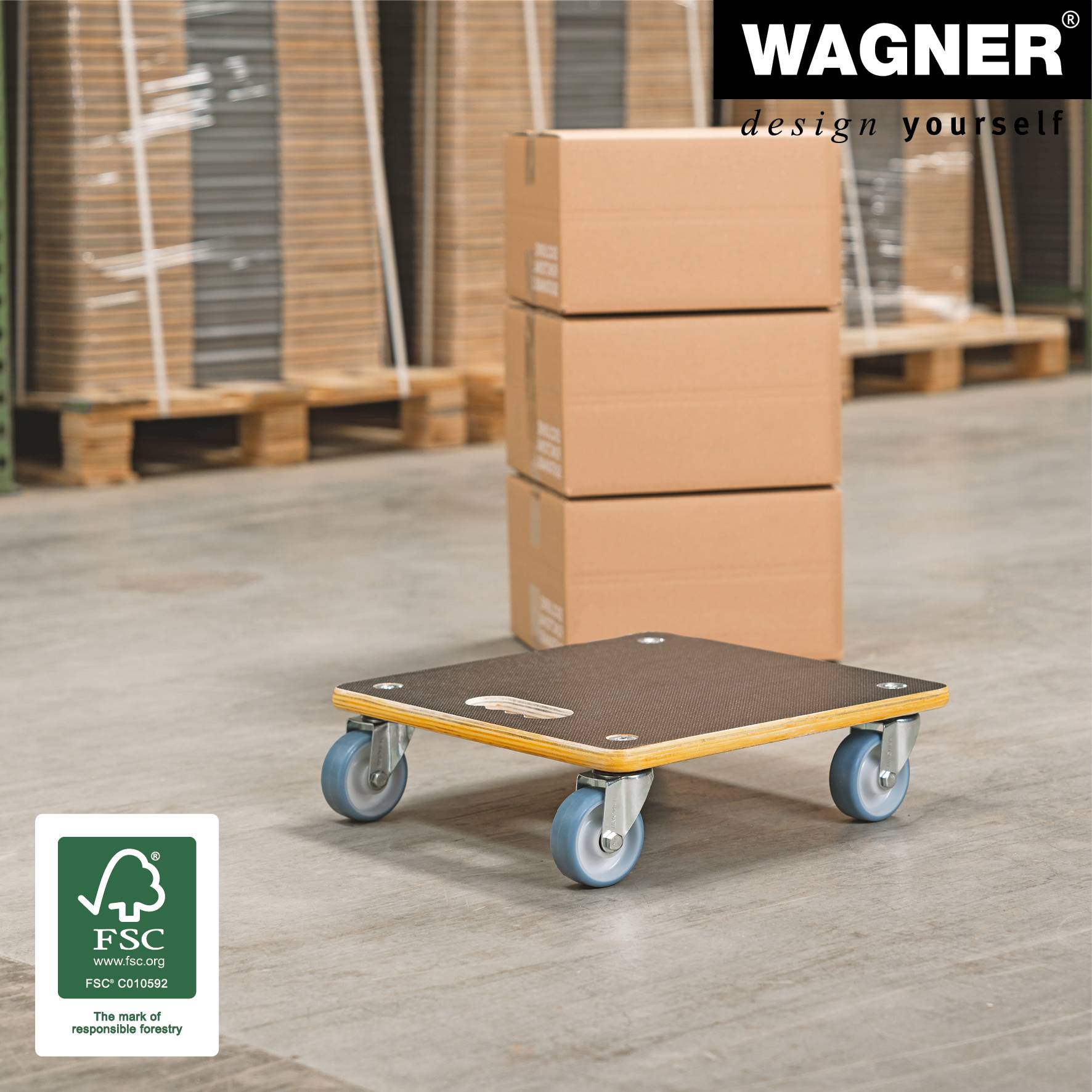 WAGNER Transporthilfe Multiplex MAXIGRIP - 38 x 38 x 11 cm, softe Rollen Ø 75 mm, Tragkraft 300 kg - 20134001-2