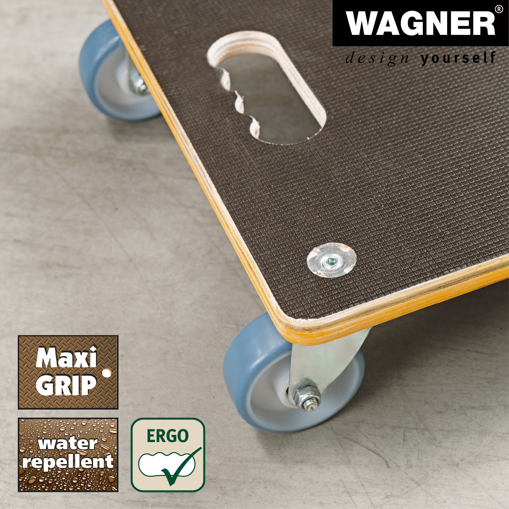 WAGNER Transporthilfe Multiplex MAXIGRIP - 38 x 38 x 11 cm, softe Rollen Ø 75 mm, Tragkraft 300 kg - 20134001-3