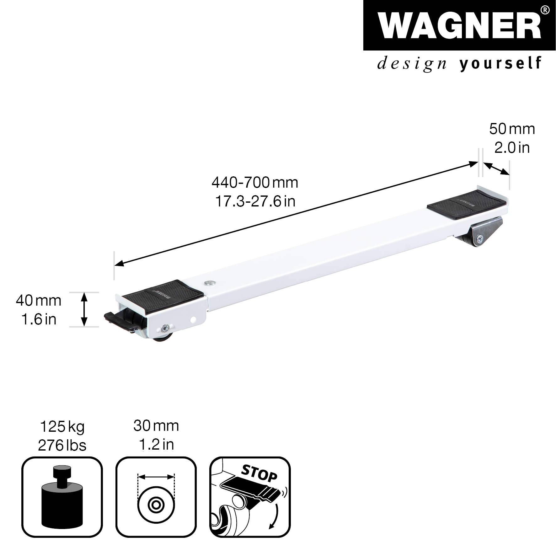 WAGNER Transporthilfe SCHIENE 2tlg - 44-70 x 5 x 4 cm, ausziehbar, Stahl, Räder Ø 30 mm, Tragkraft 125 kg - 20119802-1