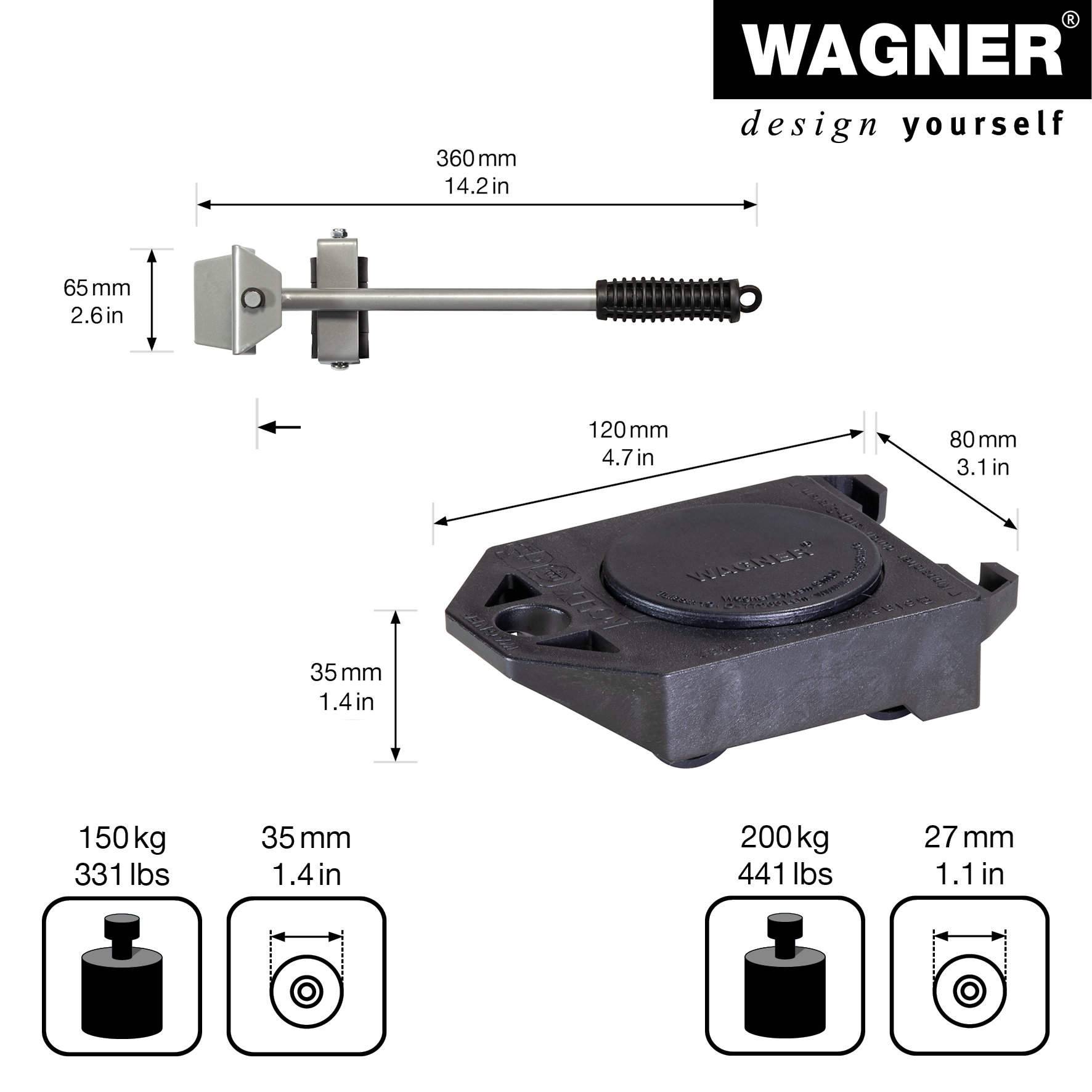 WAGNER Transporthilfe LIFT & ROLL Kombi-Set 5 tlg. - 4 Rollys + 1 Lifter/Möbelheber, Gesamt-Tragkraft 800 kg - 20311305-1