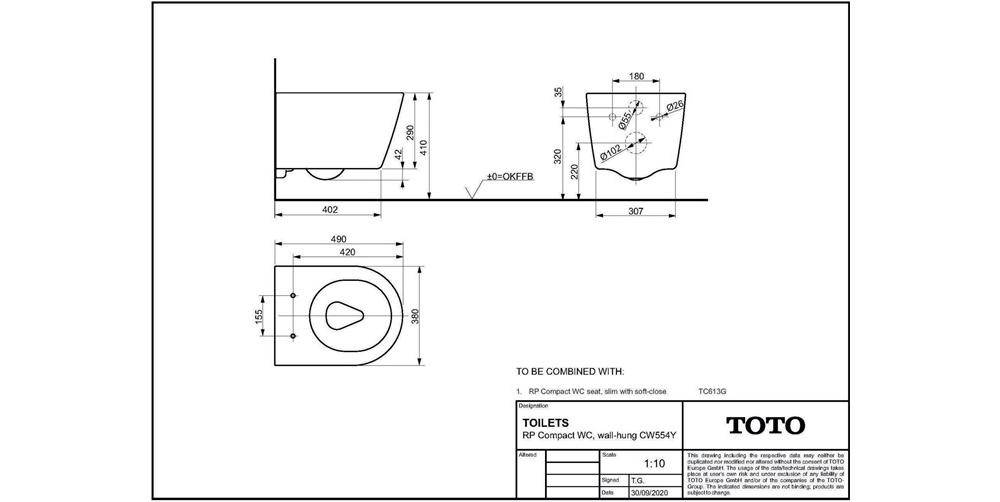 TOTO RP Tiefspül-Wand-WC compact, randlos, Tornado Flush-Düsenspülung, Keramik Cefiontect, Weiß-1