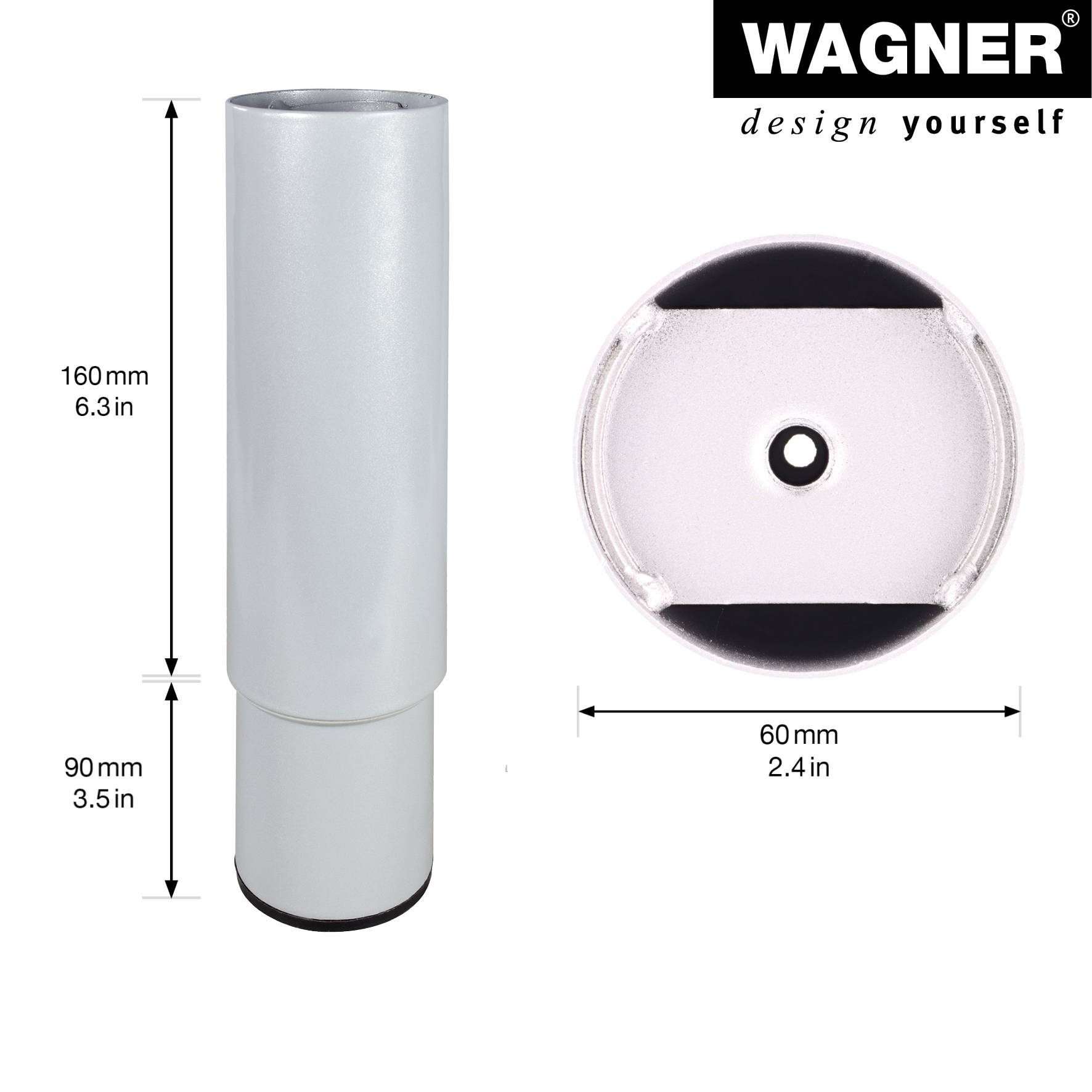 WAGNER Möbelbein/Verstellfuß TELESCOPE - Ø 60 x 160-250 mm, Platte 60 x 60 mm, ausziehbar, Stahl hellgrau - 12181901-1