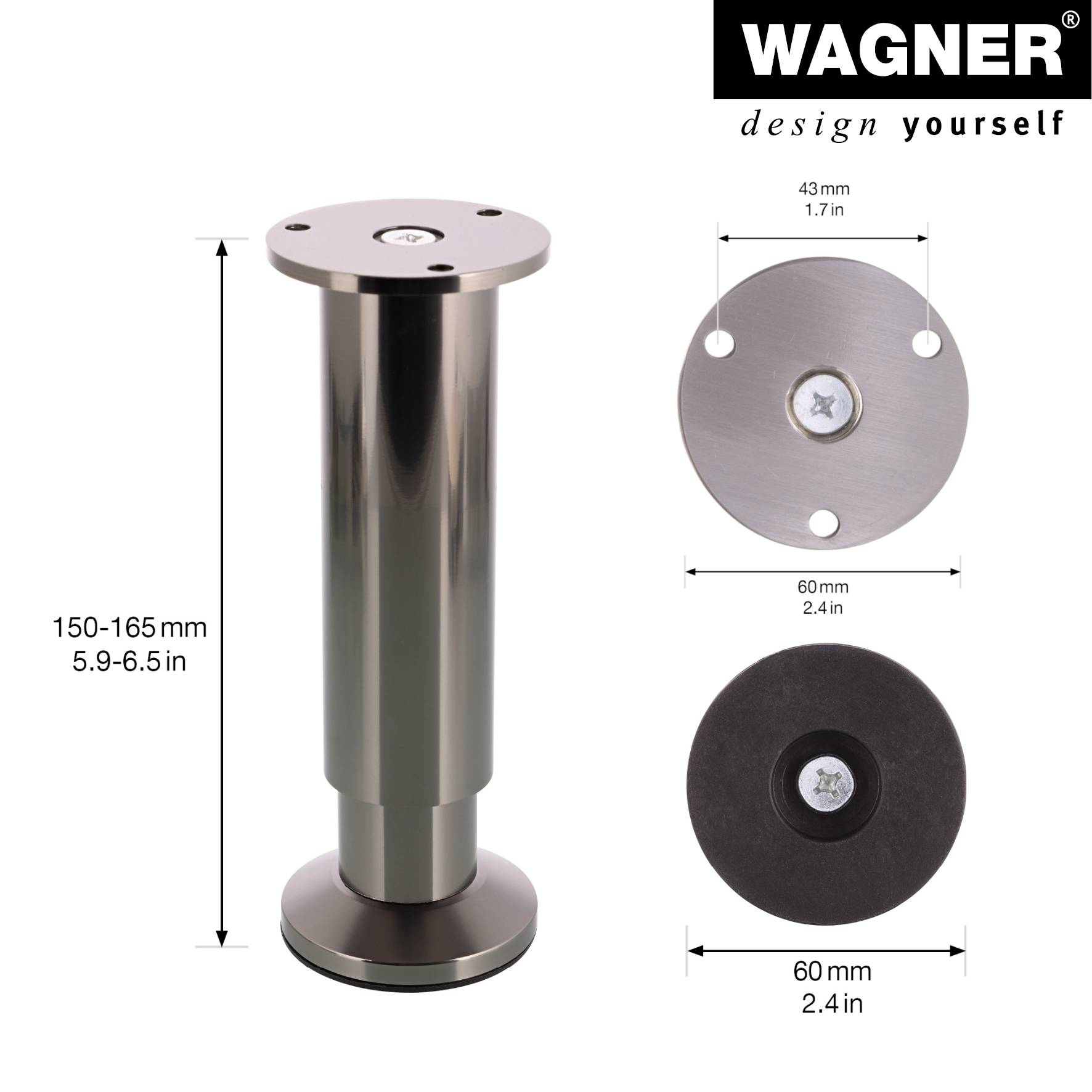 WAGNER Möbelbein/Verstellfuß - DESIGN - Ø 40/60 x 150-165 mm, Titan-Optik Black, inkl. Anschraubplatte Ø 60 mm- 12038101-1
