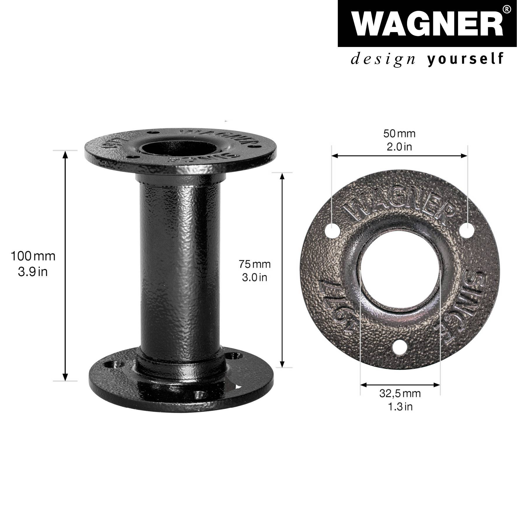 WAGNER Möbelbein/Tischbein/Möbelfuß INDUSTRIAL PIPE - Ø 30 x 100 mm, 2 Anschraubplatten Ø 75 mm, Stahl schwarz- 12501001-1