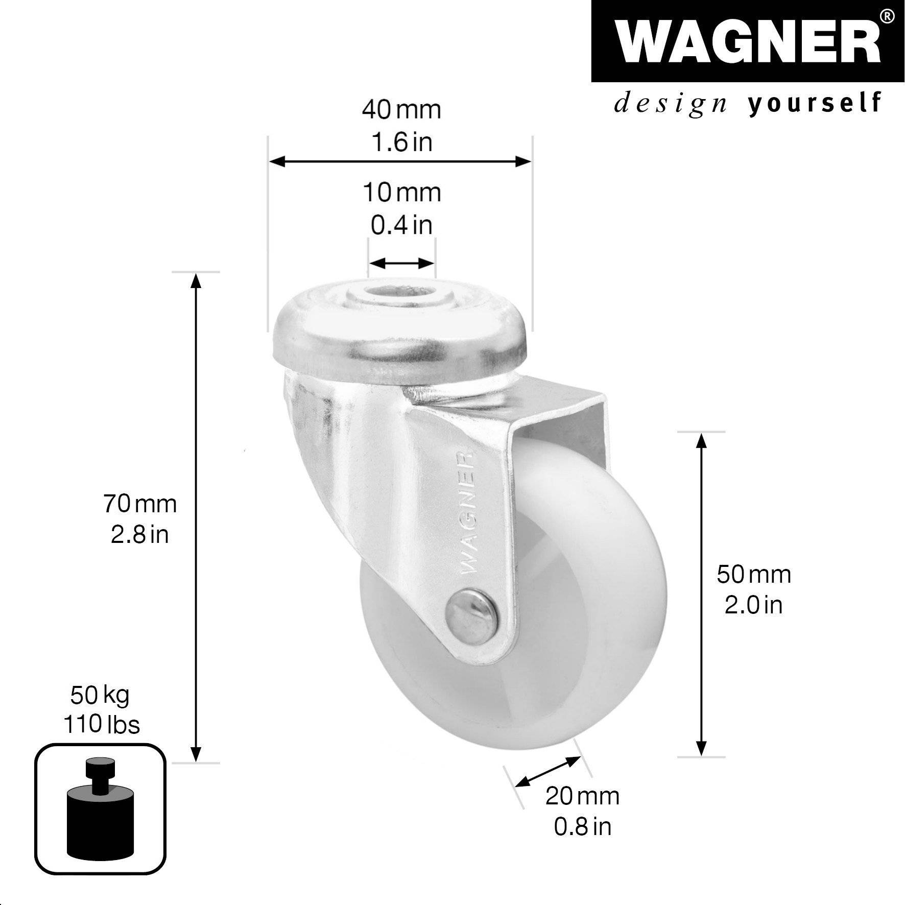 WAGNER ultrawendige 360° - Lenkrolle, Rückenloch für TENO Möbelbeine System, Ø 50 mm, Tragkraft 50 kg - 23125001-1