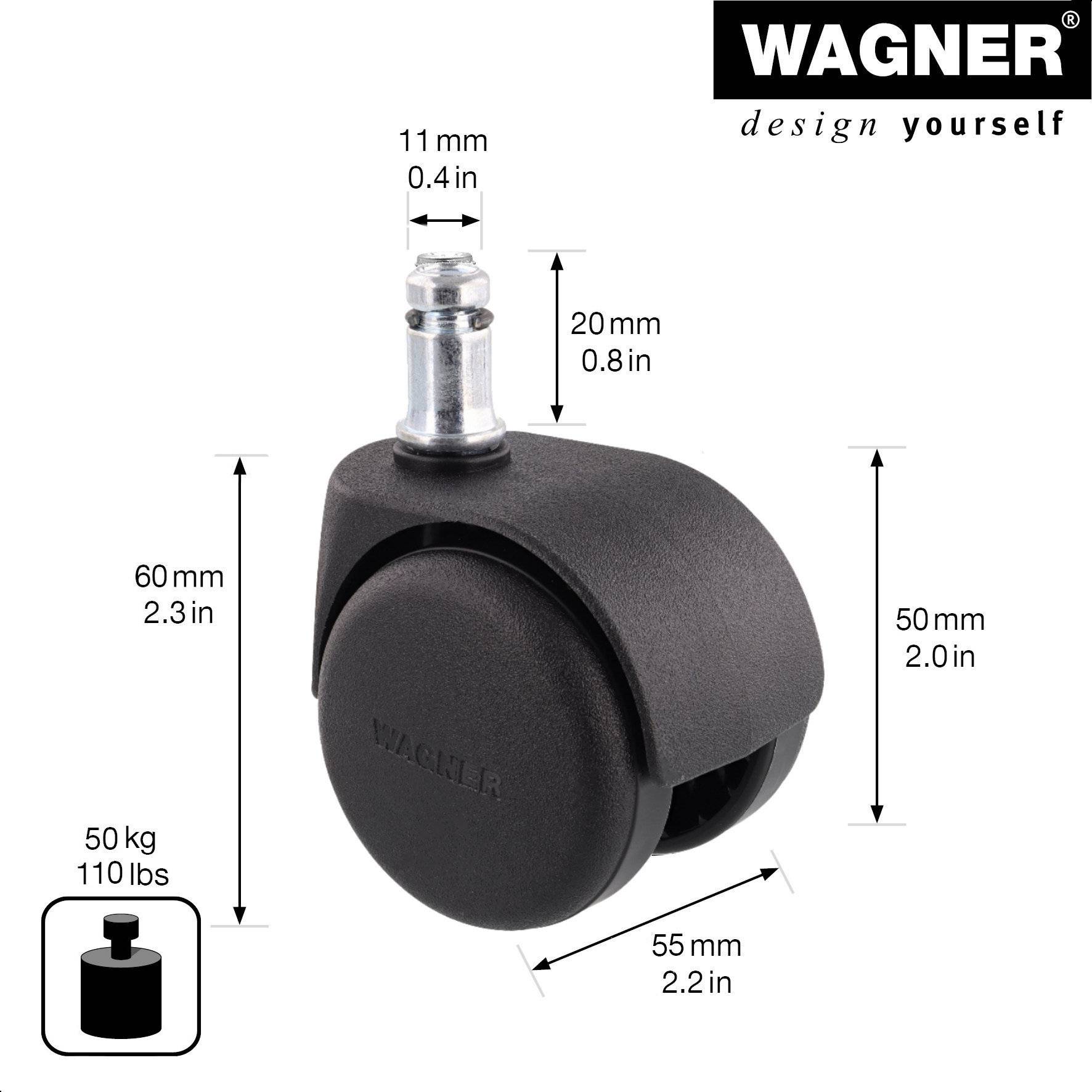 WAGNER Bürostuhlrollen 5tlg. Set - HART - Ø 50 mm, intervallgebremst, Steckstift 11x20 mm, Tragkraft je 50 kg - 02500161-1