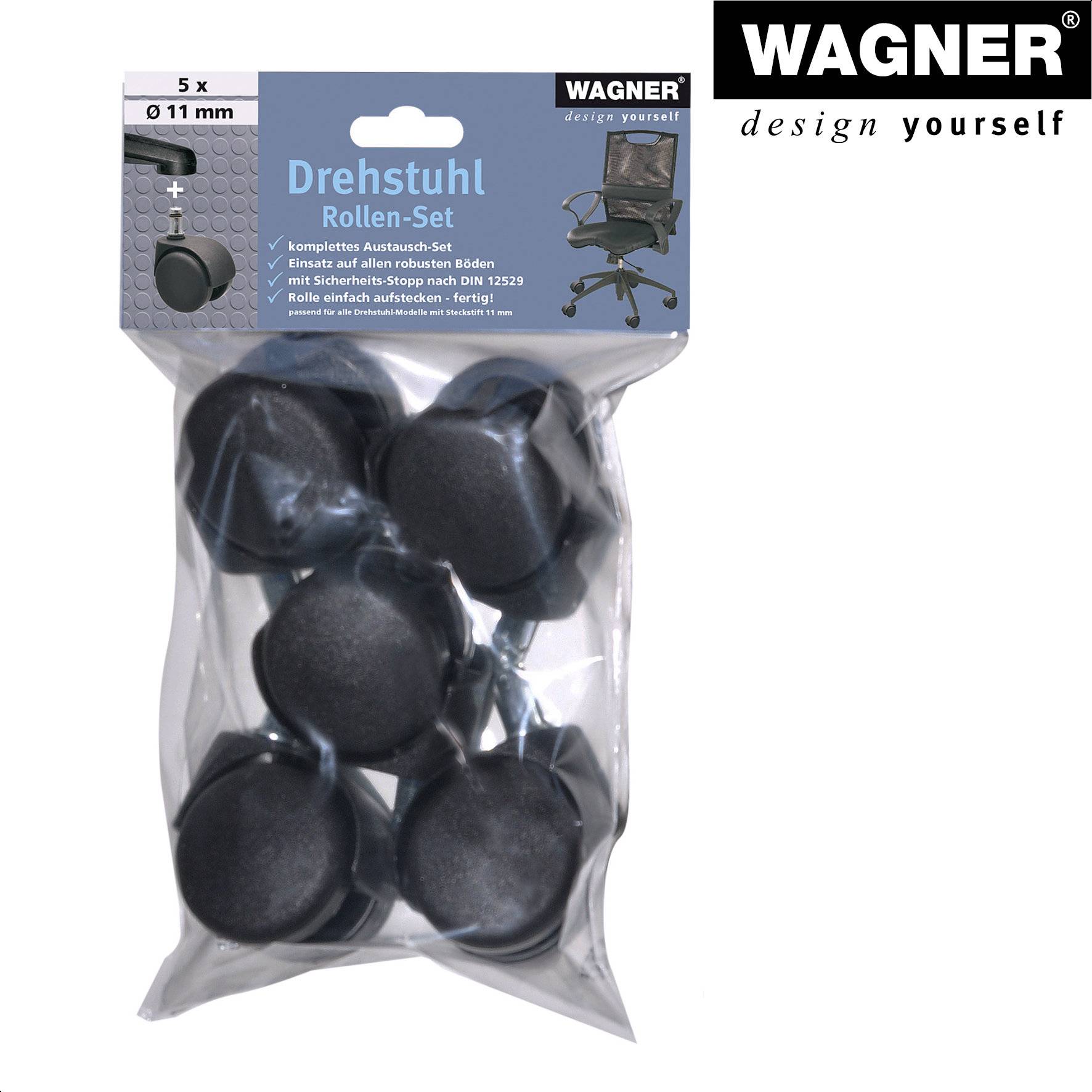 WAGNER Bürostuhlrollen 5tlg. Set - HART - Ø 50 mm, intervallgebremst, Steckstift 11x20 mm, Tragkraft je 50 kg - 02500161-4