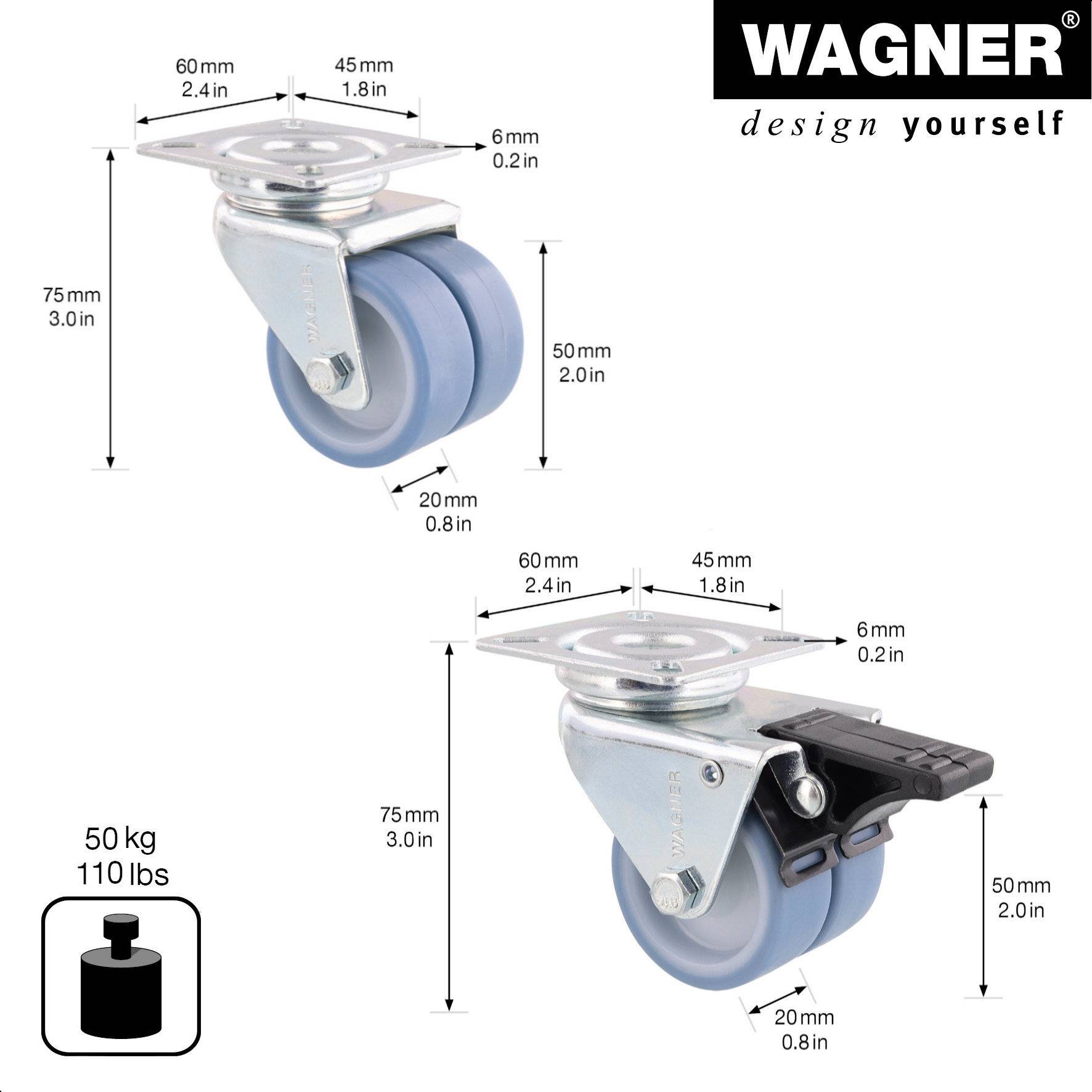 WAGNER Strandkorbrollen 4tlg. Set - ULTRASOFT - Durchmesser Ø 50 mm, 2 mit Bremse, Tragkraft 300 kg/Set - 02155200-1