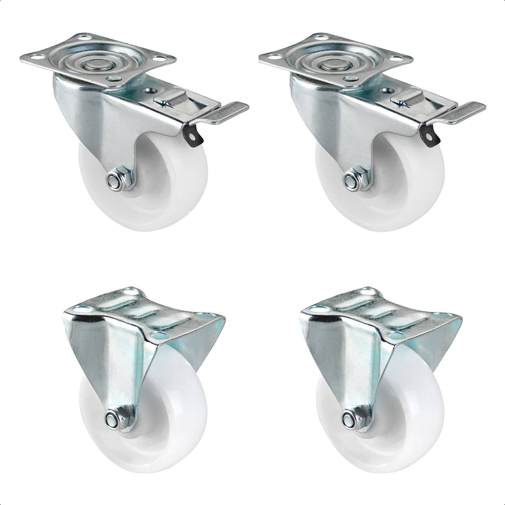WAGNER 4tlg. Set - Ø 75 mm, Anschraubplatte, 2 Lenk- 2 Bockrollen, Bremse, Rollenlager, Tragkraft je 60 kg - 04007505-0