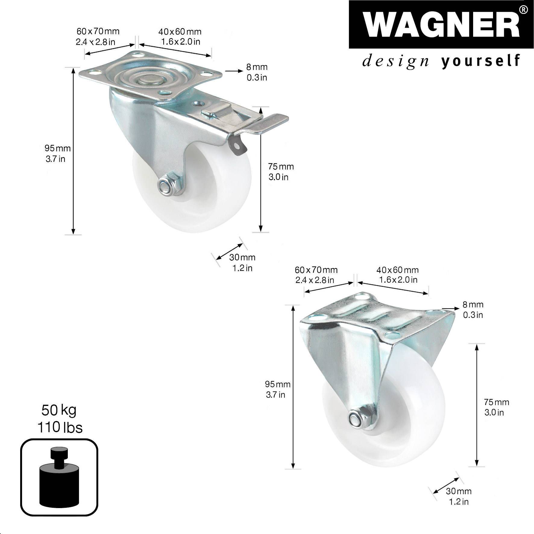 WAGNER 4tlg. Set - Ø 75 mm, Anschraubplatte, 2 Lenk- 2 Bockrollen, Bremse, Rollenlager, Tragkraft je 60 kg - 04007505-1