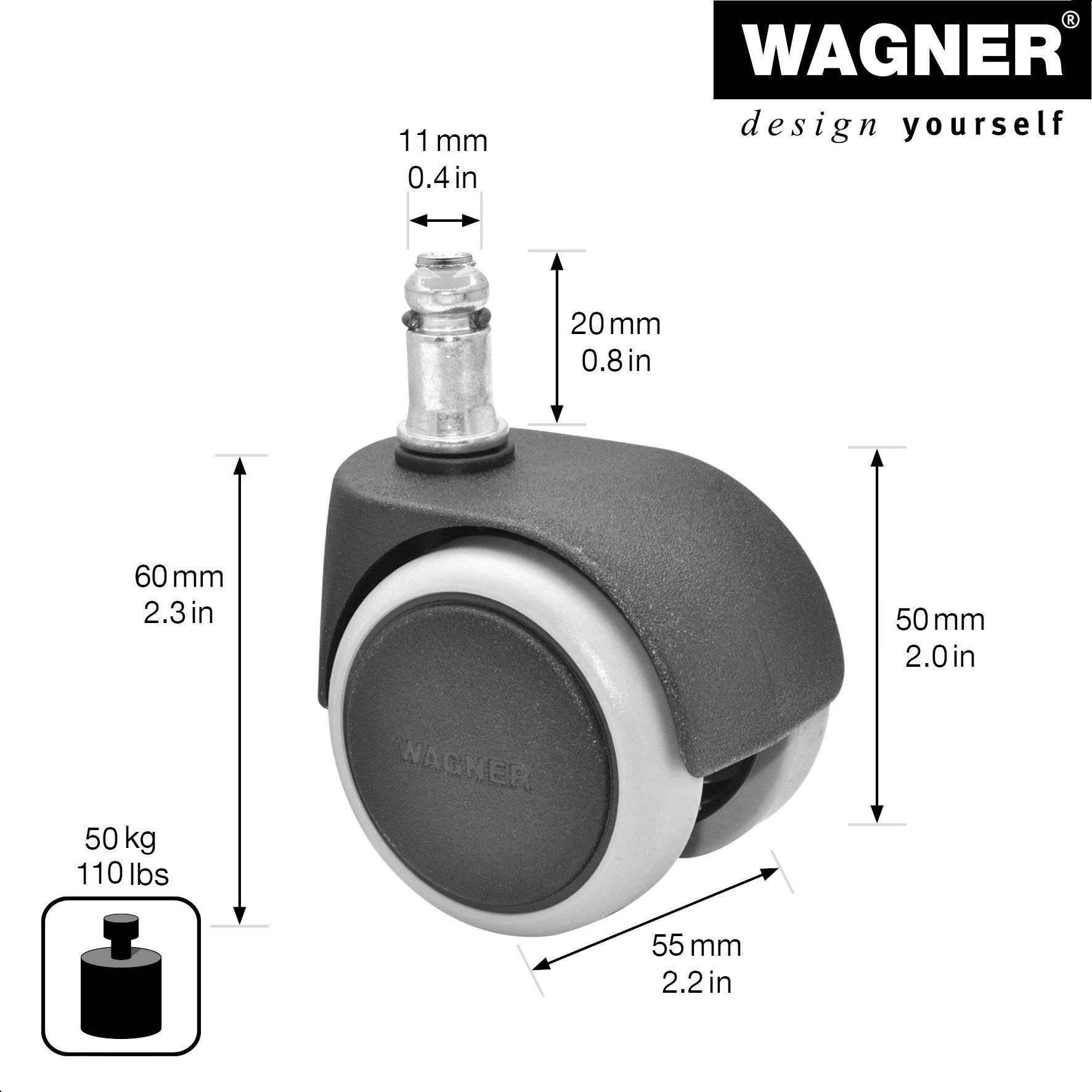 WAGNER Bürostuhlrollen 5tlg. Set - SOFT - Ø 50 mm, intervallgebremst, Steckstift 11x20 mm, Tragkraft je 50 kg - 02401161-1