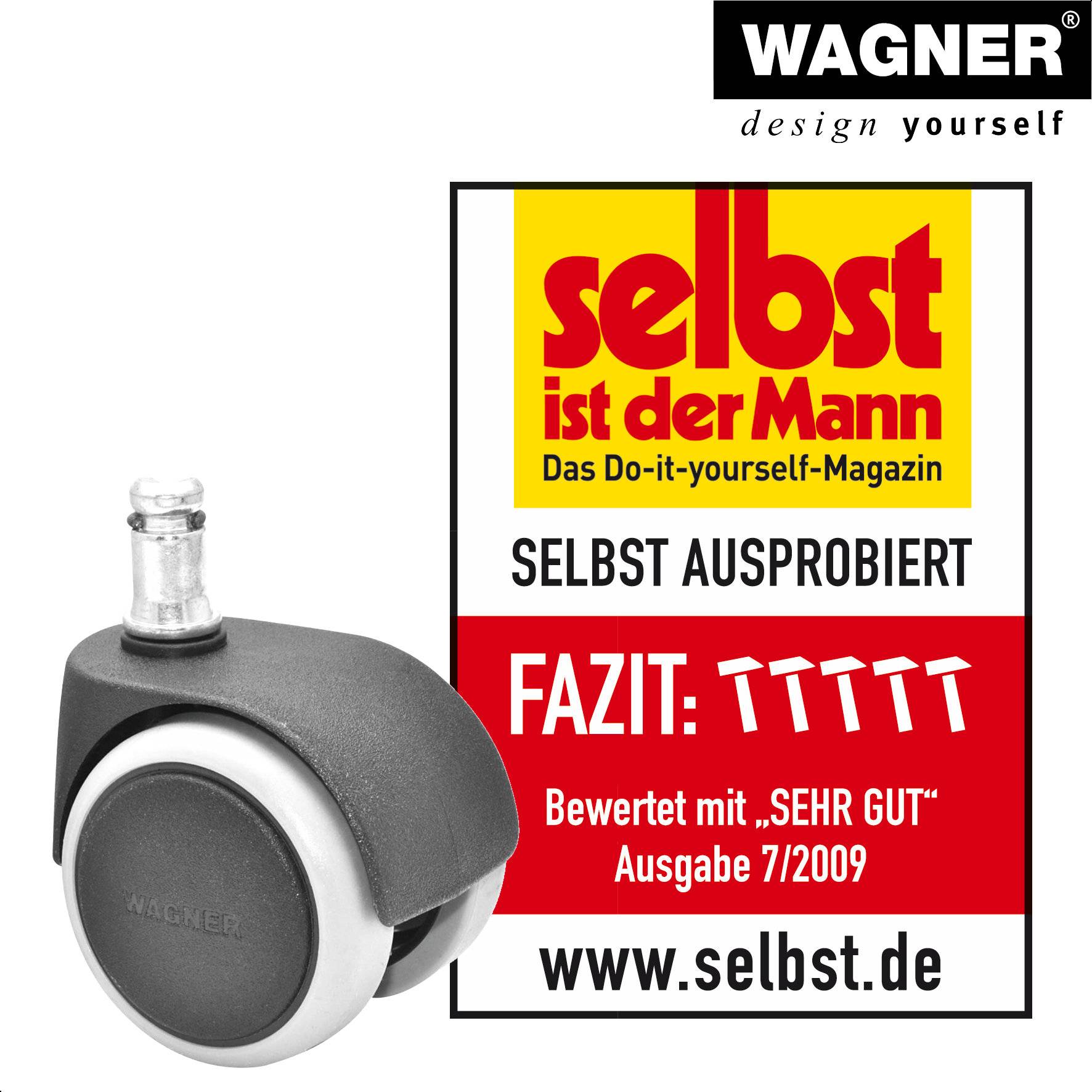 WAGNER Bürostuhlrollen 5tlg. Set - SOFT - Ø 50 mm, intervallgebremst, Steckstift 11x20 mm, Tragkraft je 50 kg - 02401161-4