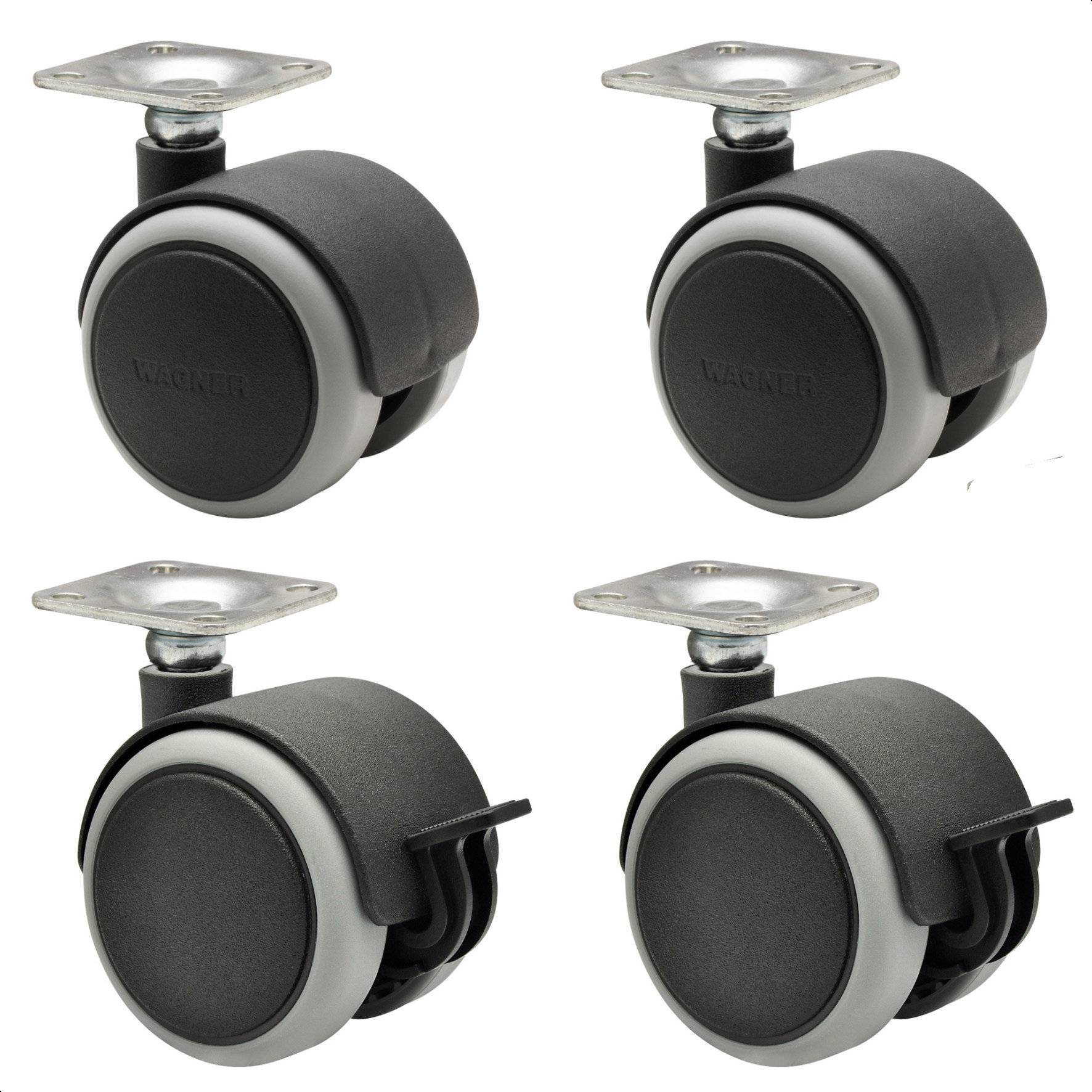 WAGNER Möbelrollen 4tlg. Set - SOFT - Ø 50 mm, Anschraubplatte 42 x 42 cm, 2 mit Bremse, Tragkraft je 50 kg - 02172888-0