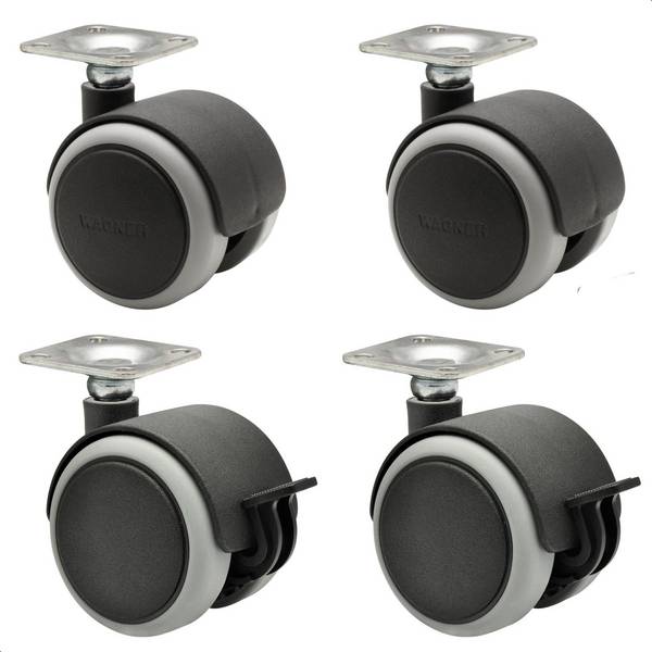 WAGNER Möbelrollen 4tlg. Set - SOFT - Ø 50 mm, Anschraubplatte 42 x 42 cm, 2 mit Bremse, Tragkraft je 50 kg - 02172888