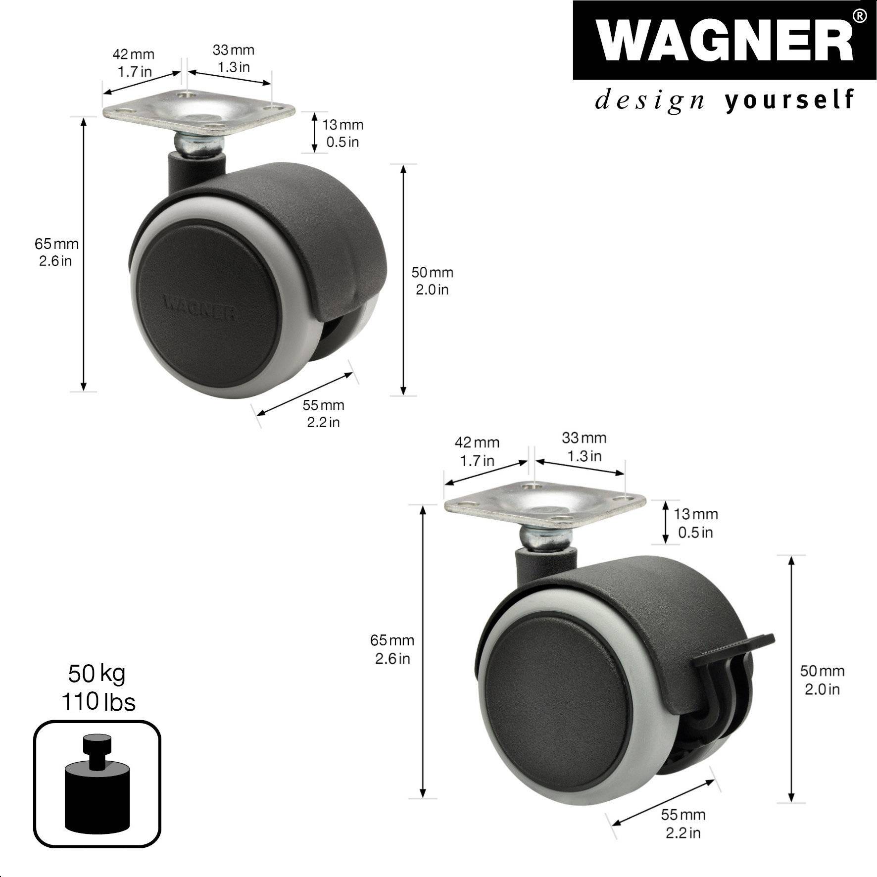 WAGNER Möbelrollen 4tlg. Set - SOFT - Ø 50 mm, Anschraubplatte 42 x 42 cm, 2 mit Bremse, Tragkraft je 50 kg - 02172888-1