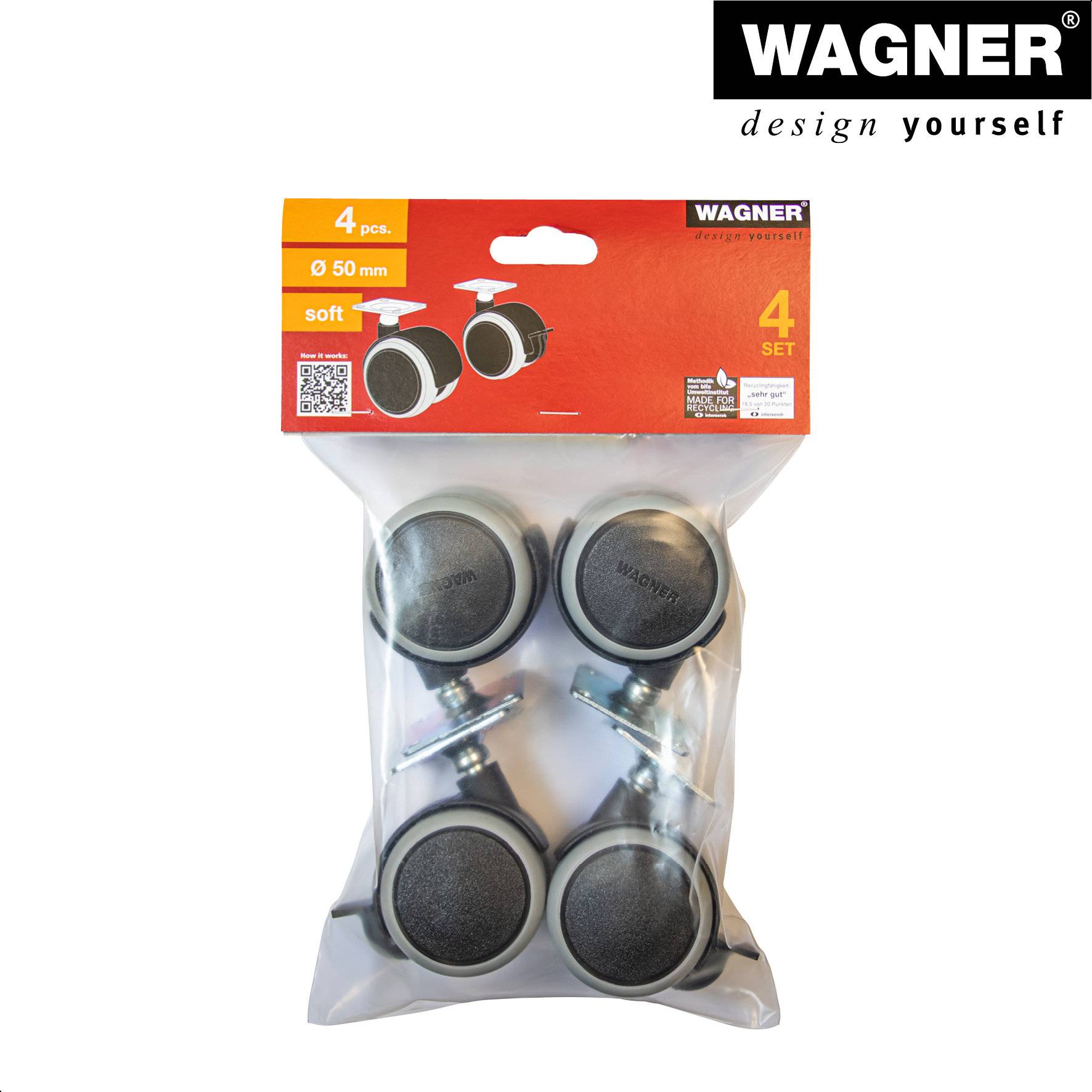 WAGNER Möbelrollen 4tlg. Set - SOFT - Ø 50 mm, Anschraubplatte 42 x 42 cm, 2 mit Bremse, Tragkraft je 50 kg - 02172888-4