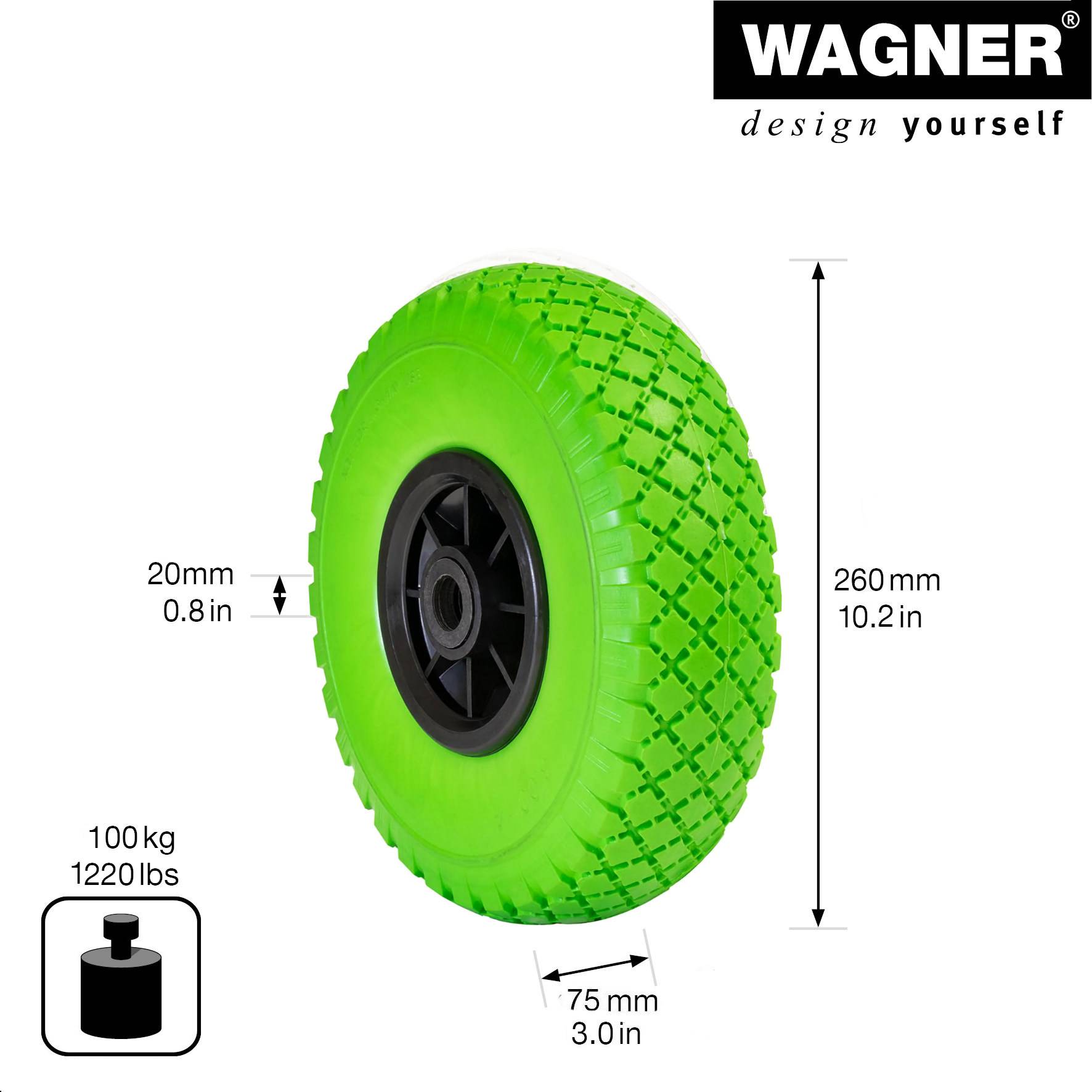 WAGNER Sackkarrenrad - PANNENSICHER - PU geschäumtes Rad Ø 260 mm, Felge 75 mm, Achse 20 mm, Tragkraft 100 kg - 04826201-1