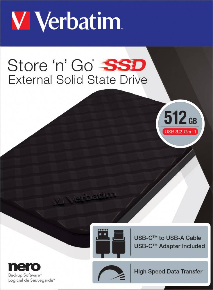 Verbatim SSD 512GB, USB 3.2, Typ A-C, 6.35cm (2.5'') Store n Go, (R) 400MB/s, (W) 400MB/s, Retail-6