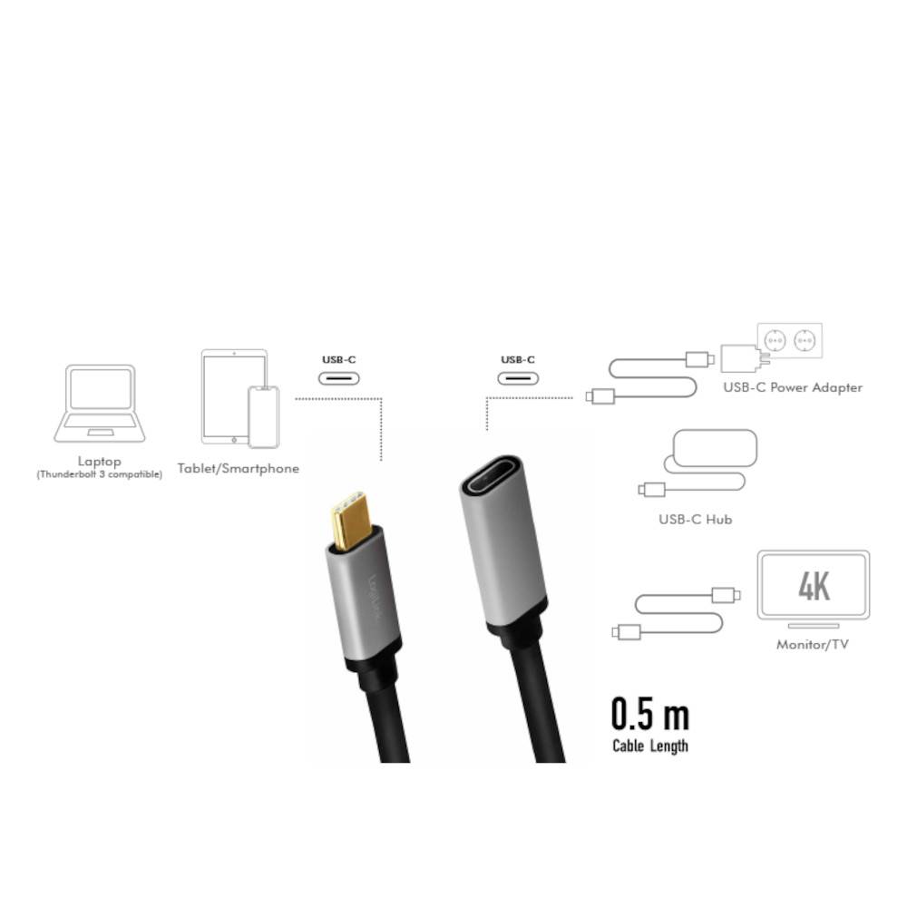 LogiLink CUA0105 USB 3.2 Gen 2 Cable CM to CF, 4K60 Hz, aluminum, blackgrey, 0.5 m (CUA0105)-2