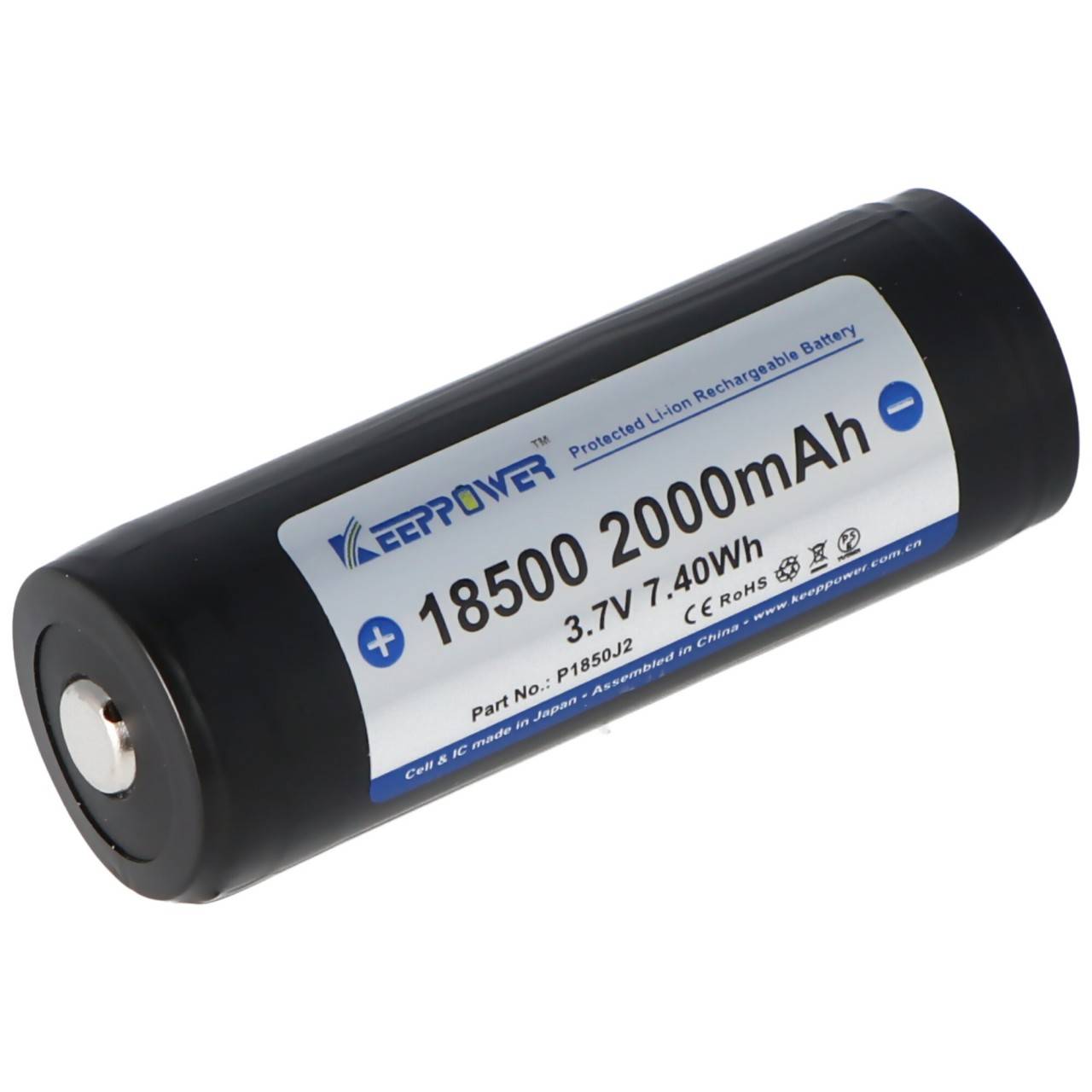 Keeppower 18500 - 2000mAh, 3,6V - 3,7V Li-Ion-Akku geschützt mit Kopf Abmessungen 53x18,5mm-3