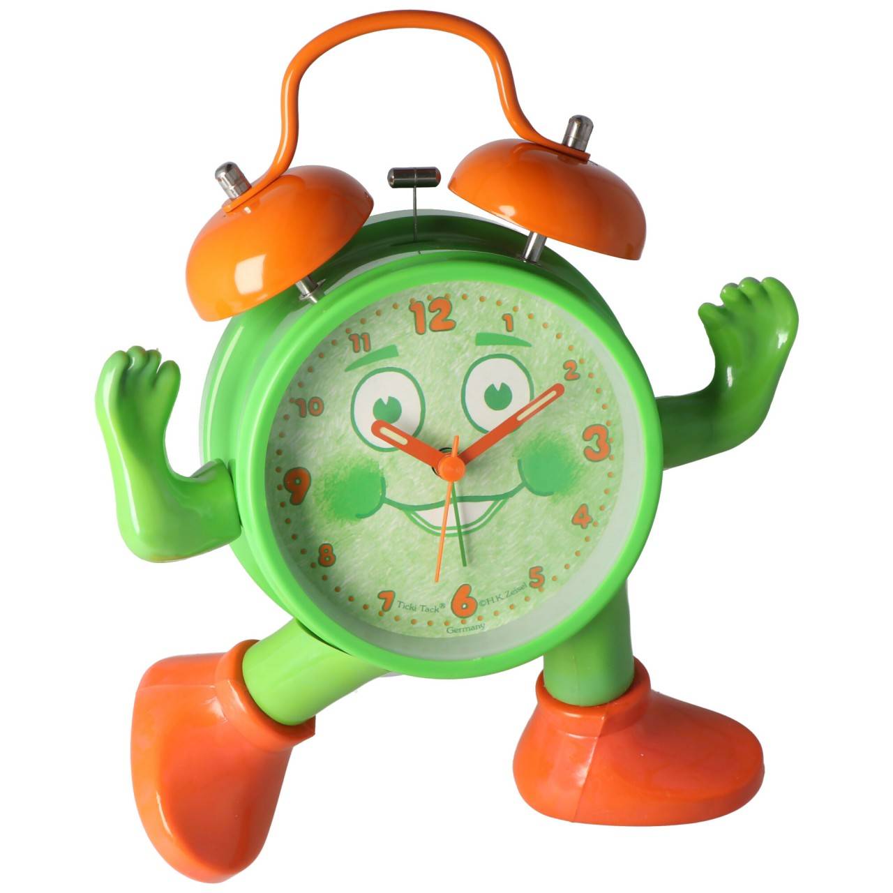 ABC spielerisch die Uhrzeit lernen, Ticki Tack der Kinderwecker grün orange, inklusive Batterie-0