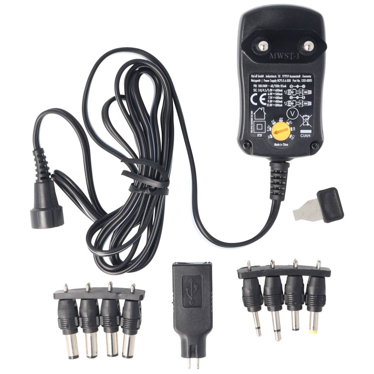 3 Volt bis 12 Volt Universal-Netzteil inklusive 1 USB- und 8 DC-Adaptern, max. 3,6 W und 0,3A-0