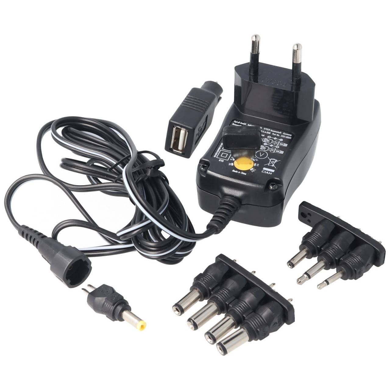 3 Volt bis 12 Volt Universal-Netzteil inklusive 1 USB- und 8 DC-Adaptern, max. 3,6 W und 0,3A-3