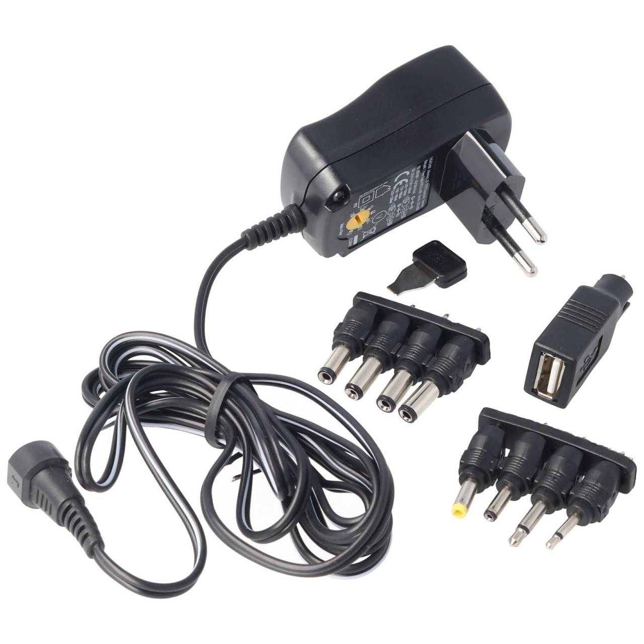 3 Volt bis 12 Volt Universal-Netzteil inklusive 1 USB- und 8 DC-Adaptern, max. 3,6 W und 0,3A-4