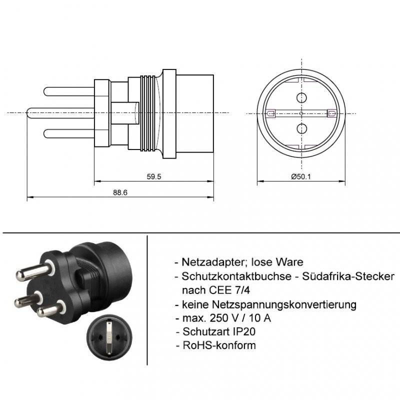 Reisestecker für den Südafrika Stecker, Schutzkontaktbuchse, auch passend für Namibia-3