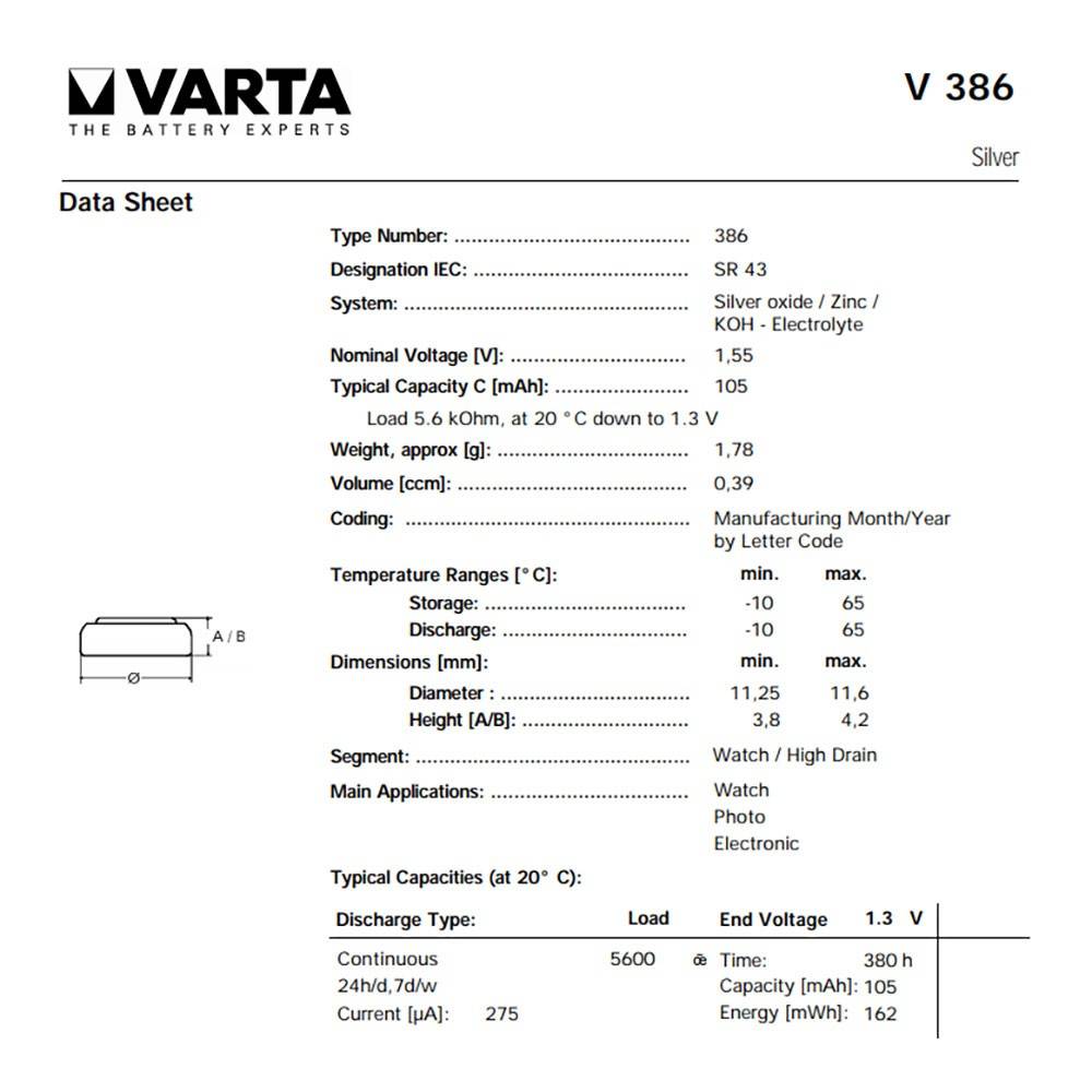 386, Varta V386, SR43, SR43W Knopfzelle für Uhren etc. Varta V12GS/V38/SR43-1