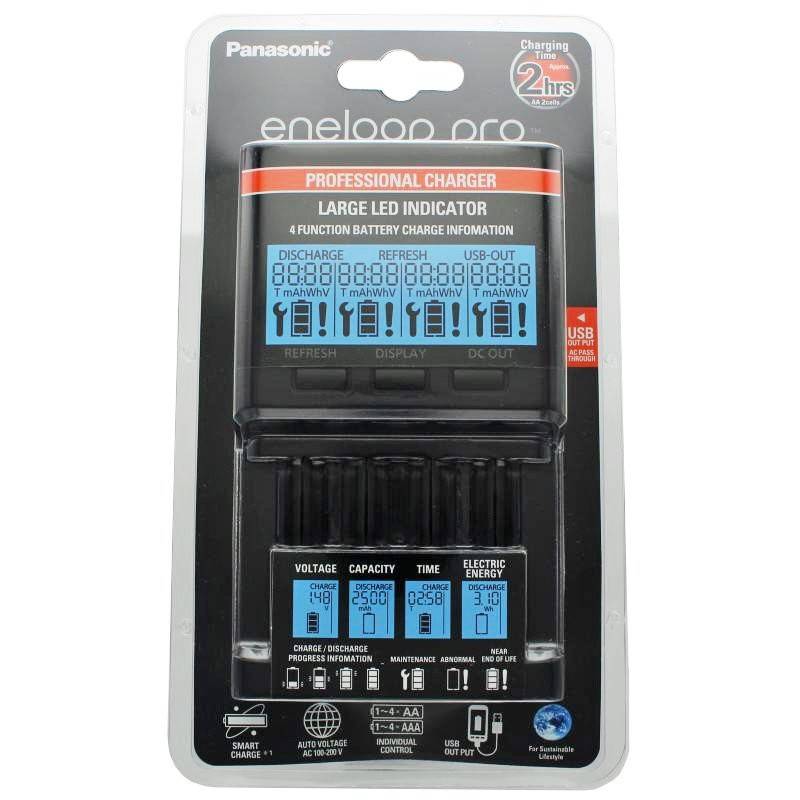 Panasonic eneloop Ladegerät BQ-CC65 inkl. LCD-Display, 4 eneloop Pro AA Mignon, AccuCell Box Blue-1