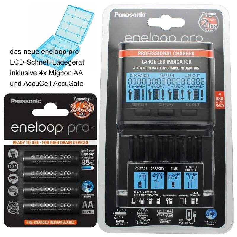 Panasonic eneloop Ladegerät BQ-CC65 inkl. LCD-Display, 4 eneloop Pro AA Mignon, AccuCell Box Blue-0