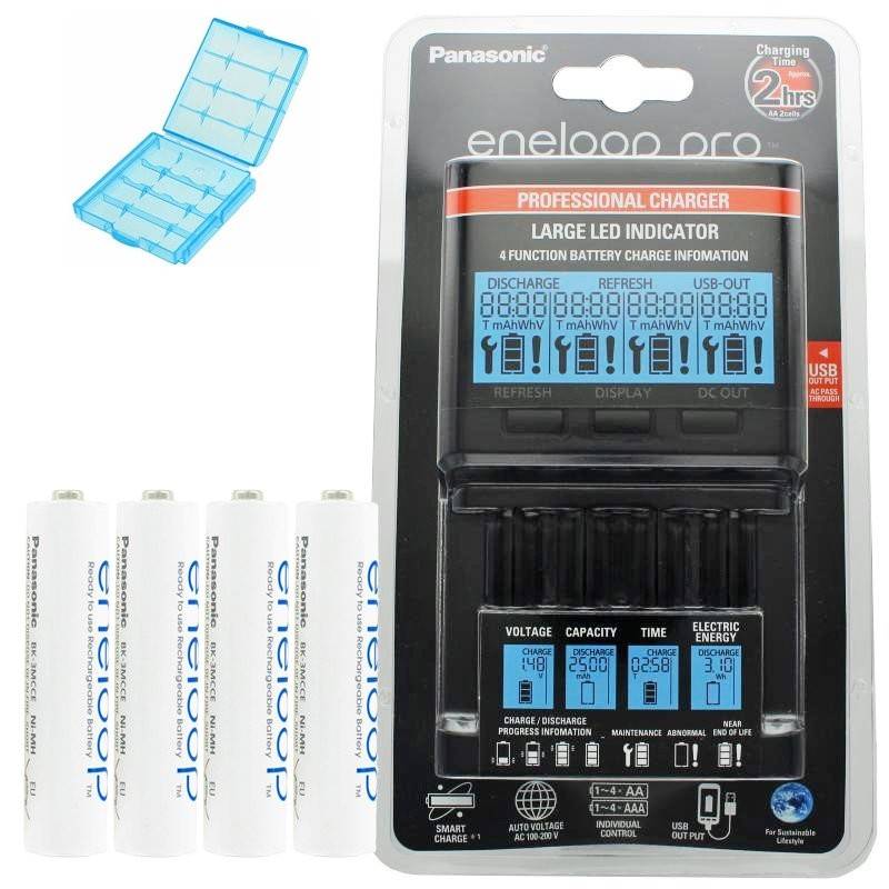Panasonic eneloop Ladegerät BQ-CC65 inkl. LCD-Display, 4 eneloop Standard AAA Micro und AccuCell Akkubox Blue-0