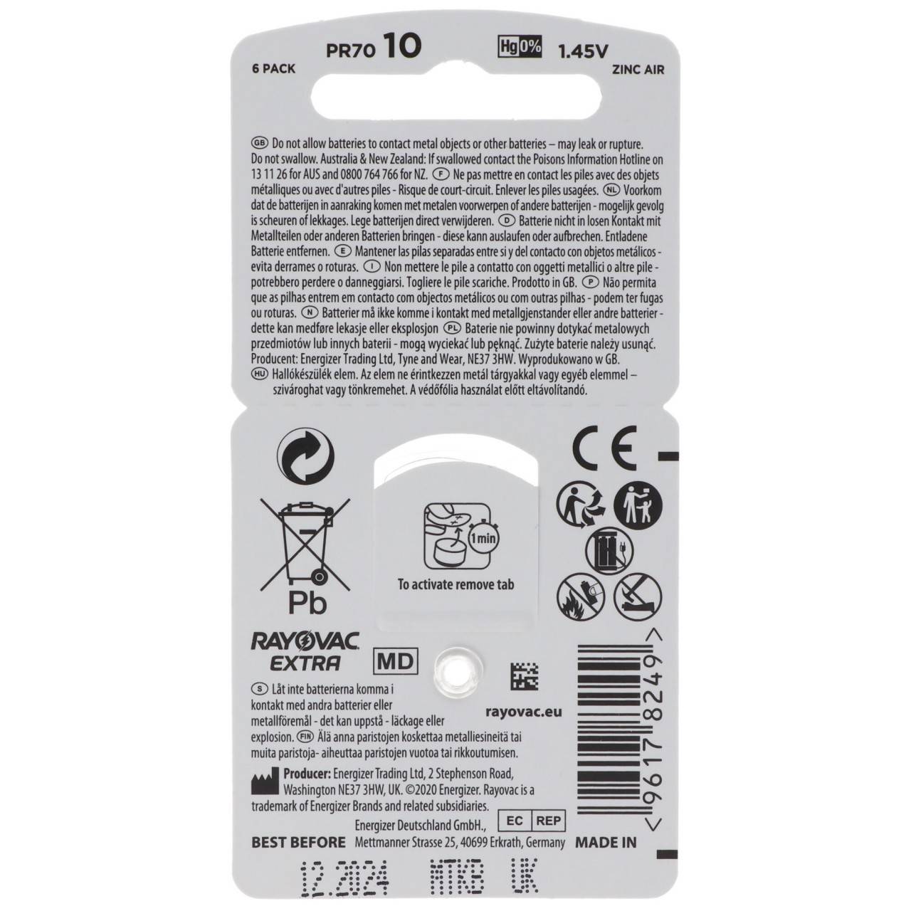Rayovac Hörgerätebatterie H10MF Nr. 10 PR70 Extra Advanced, 105mAh 6 Stück im Blister-2