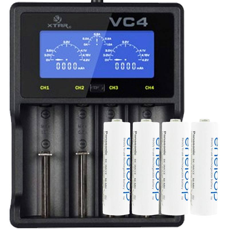 XTAR VC4 Schnell-Ladegerät inkl. 4 Panasonic eneloop Standard BK-3MCC1 AA Mignon Akkus + AkkuSafe-3