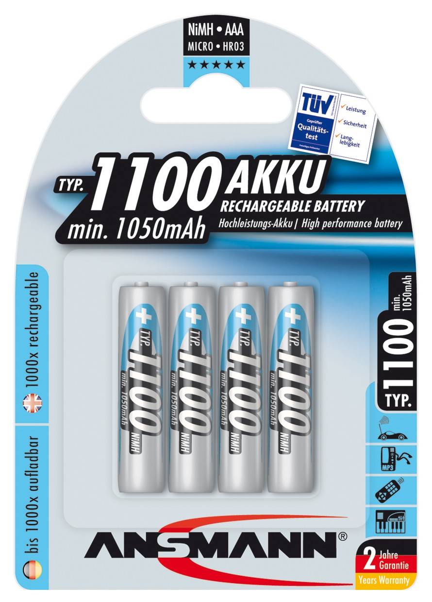 Ansmann NiMH Akku Micro, AAA, LR03, 1,2 Volt mit 1100mAh im 4er Pack-0