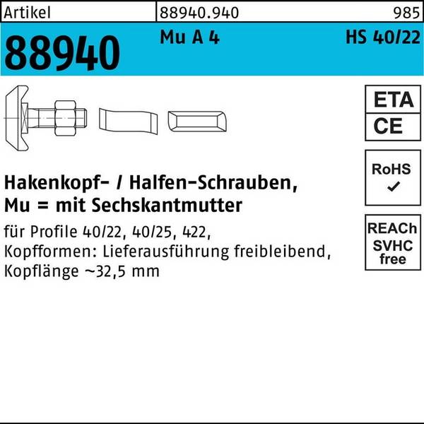 Hammerkopfschraube R 88940 40/22 6-ktmutter M12x30 Mu A 4 25St. HALFEN