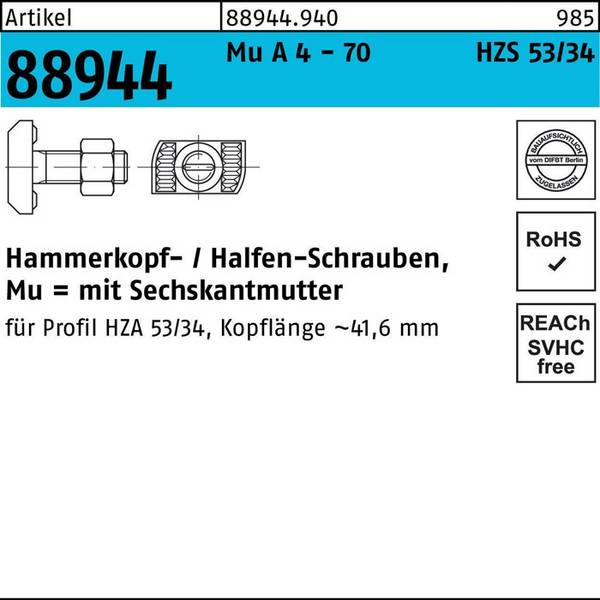 Hammerkopfschraube R 88944 6-ktmutter M20x100 Mu A 4 - 70 25 Stück HALFEN