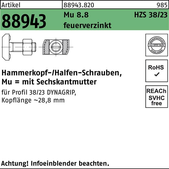 Hammerkopfschraube R 88943 6-ktmutter M16x60 Mu 8.8 feuerverz. 25St. HALFEN-0