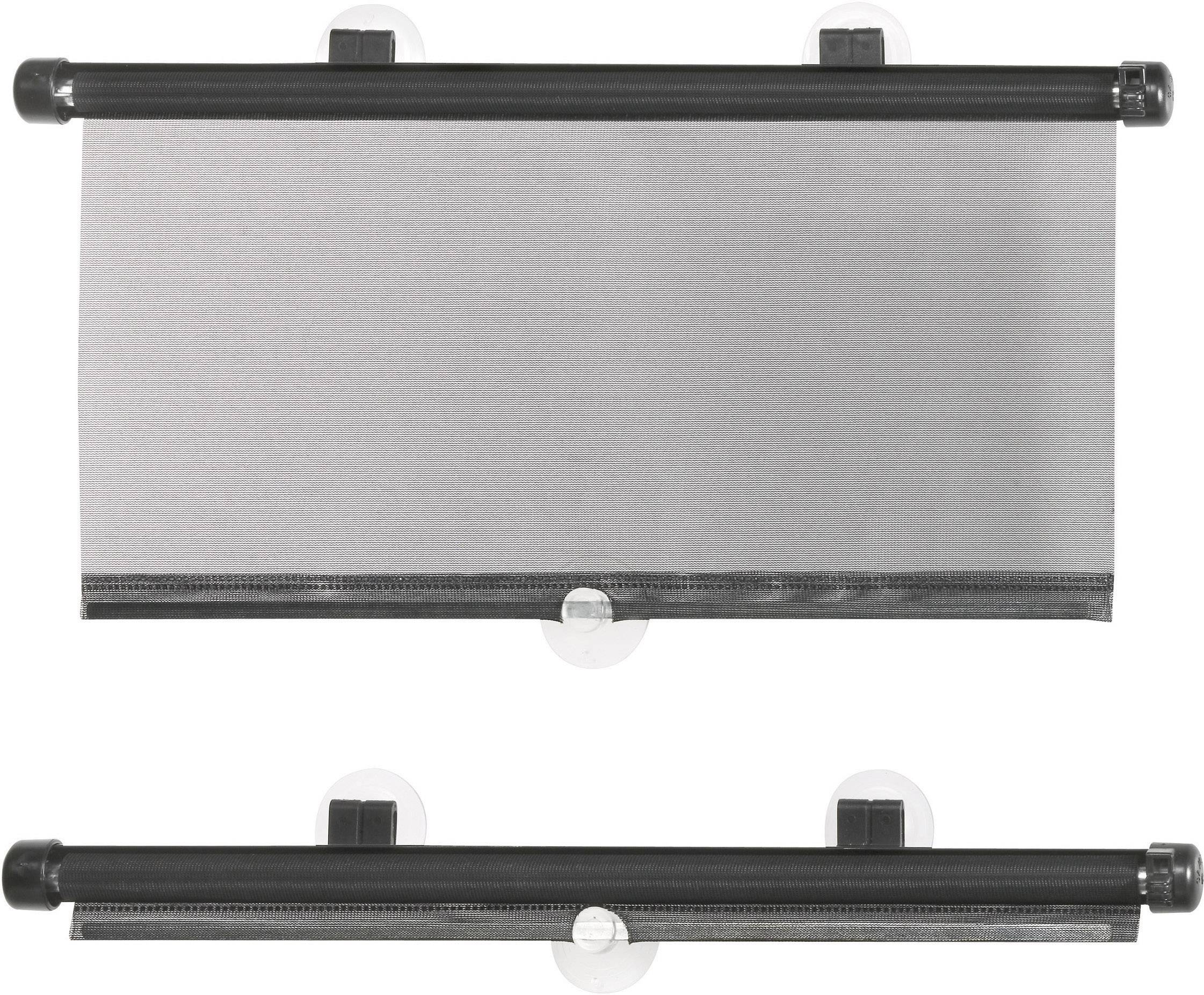 Zwei schwarze Sonnenblenden mit Saugnäpfen für Autofenster. Obere Blende erstreckt sich vollständig, untere Blende ist zusammengerollt.