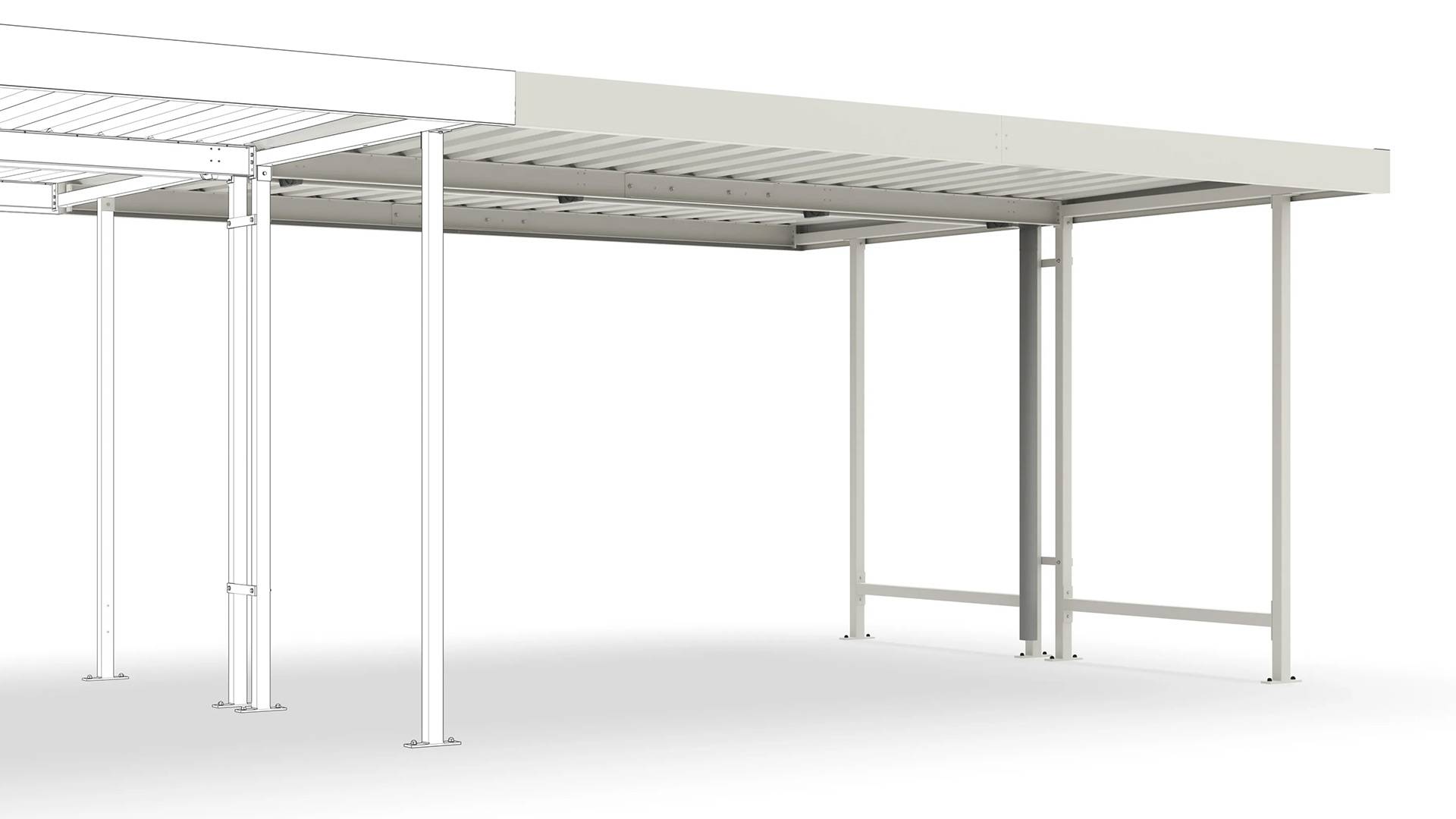 Fahrradunterstand, Überdachung, Modell Leipzig, doppelseitig, Anbaueinheit, Profilblech RAL 9002, BxTxH 4300x4400x2350 m