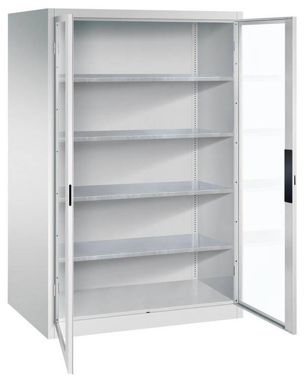 C+P XXL Großraum Werkzeugschrank, Materiallager, Stahlschrank mit Sichtfenstertüren, 4 Fachböden, Farbe lichtgrau, 1.950