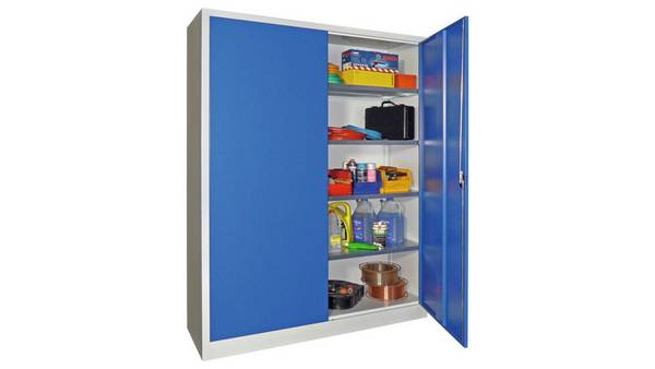 Flügeltürenschrank - Vollblechtüren - 1.950x1.000x400 mm (HxBxT) - 4 Einlegeböden verzinkt - Zylinderschloss - lichtgrau