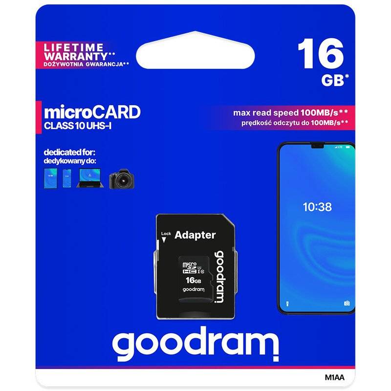 GoodRam M1AA - 16 GB - MicroSDHC - Klasse 10 - UHS-I - 100 MB/s - 10 MB/s - Clas-3