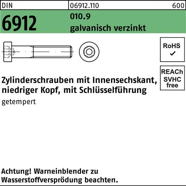 Zylinderschraube DIN 6912 m.Innensechskant M 6 x 16 010.9 galvanisch verzinkt