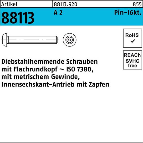Schraube R 88113 diebstahlh. Innen-6kt Zapfen M3x 10 A 2 100 Stück